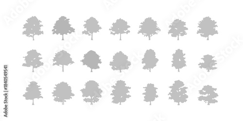 A collection of silhouetted trees in varying shapes and sizes neatly arranged