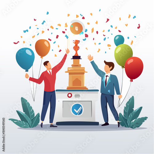 Two men celebrating a victory with a golden trophy, confetti, and balloons, symbolizing success and achievement.