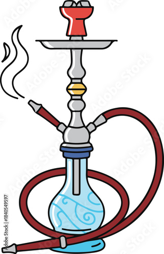 A colorful vector illustration of a traditional hookah or shisha pipe featuring a patterned blue glass vase, a silver stem, a red hose, and stylized smoke rising from the bowl.