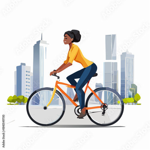 Smiling Black woman riding an orange bicycle on a city street with a modern skyline in the background, enjoying a leisurely ride.