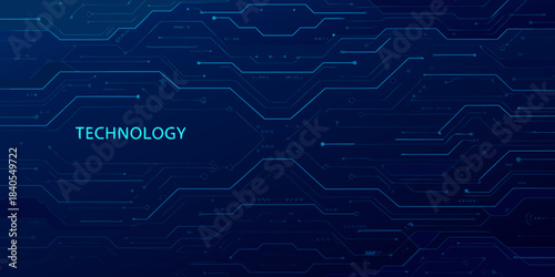 Abstract blue technology circuit board background with hexagonal grid and text