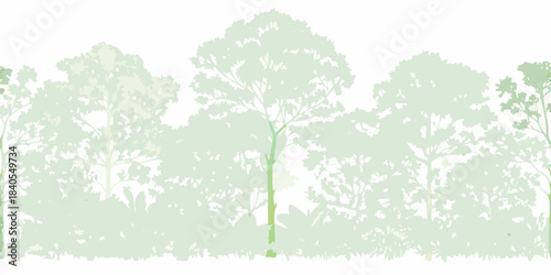 A serene illustration of a lush forest with stylized green trees