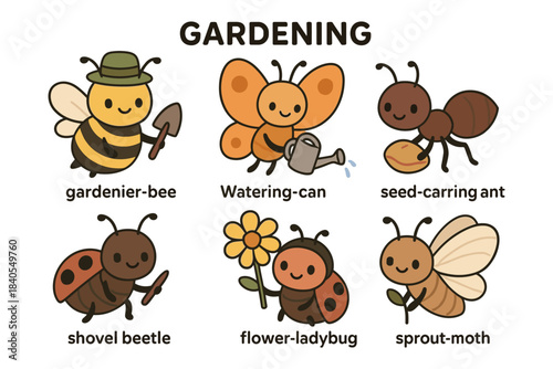 Cute cartoon insects engaged in gardening activities for kids