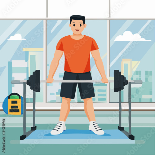 A man in an orange shirt and black shorts lifting a barbell in a modern gym with a city view.