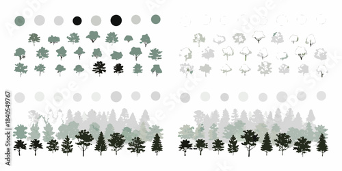 Variations of tree silhouettes and grayscale tones in a design pattern