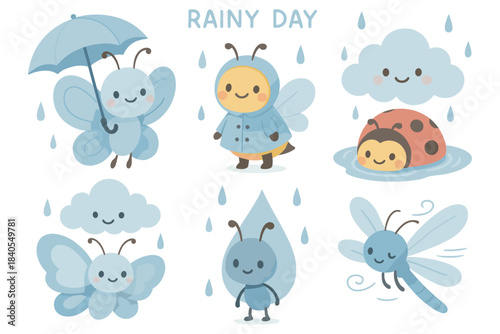 Cute insects in rainy weather with smiling clouds and raindrops
