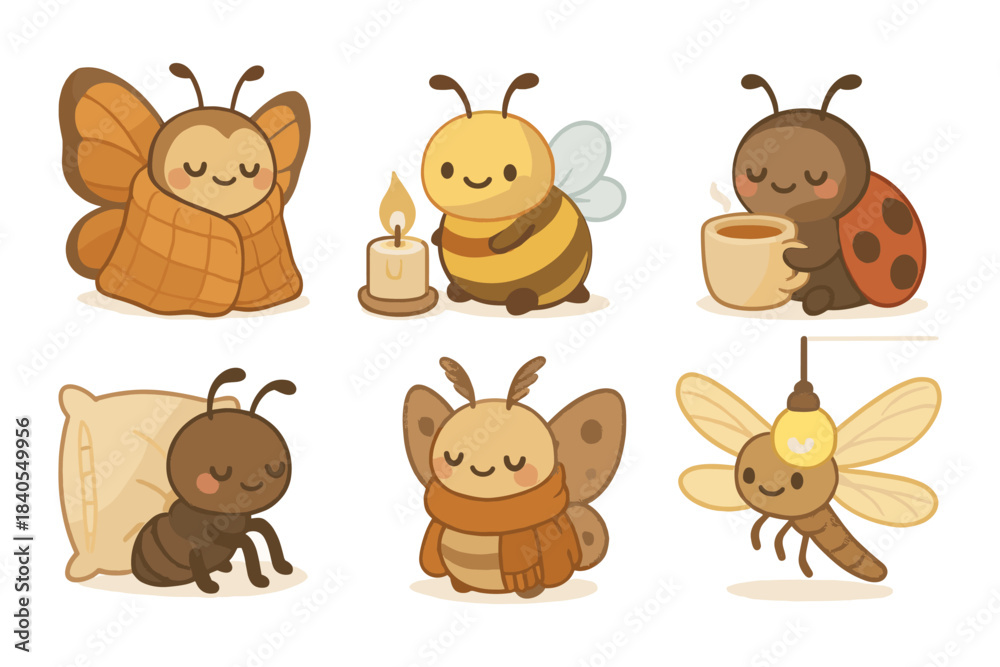 Fototapeta premium Cute cartoon insects cozy vibe: bees, butterflies, ladybugs, and more