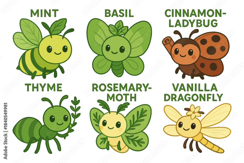 Naklejka premium Cute herb-inspired insects: mint bee, basil beetle, vanilla dragonfly, cinnamon ladybug