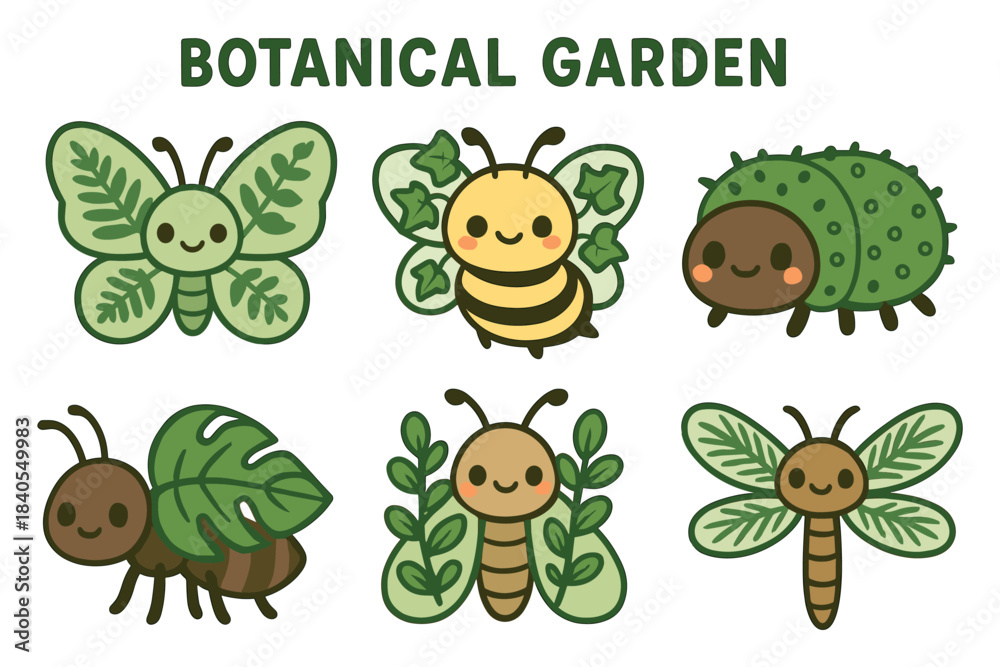 Fototapeta premium Cute cartoon insects with botanical elements in a garden theme