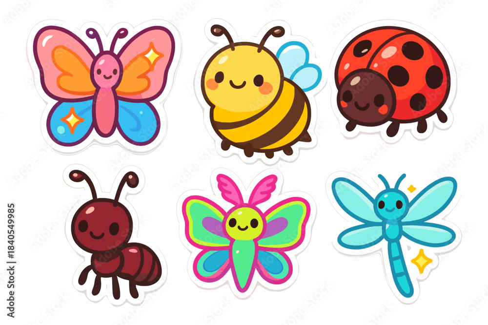 Obraz premium Cute cartoon insects collection with butterfly, bee, ladybug, ant, and dragonfly