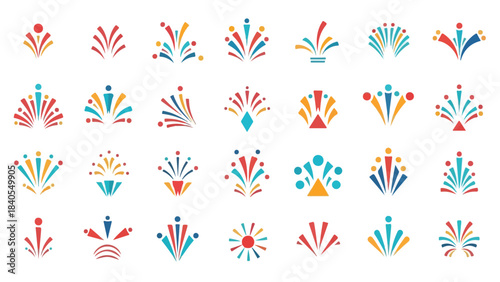 Set of vibrant vector fireworks graphic elements for festive celebrations and new year party designs, symbolizing joy and success