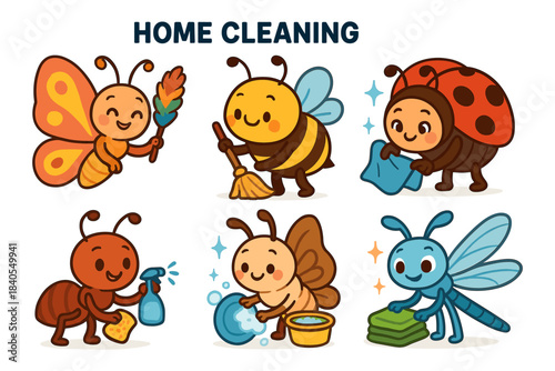 Cute cartoon insects performing various chores for home cleaning