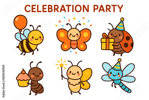 Cute insect characters at celebration party with balloons and gifts