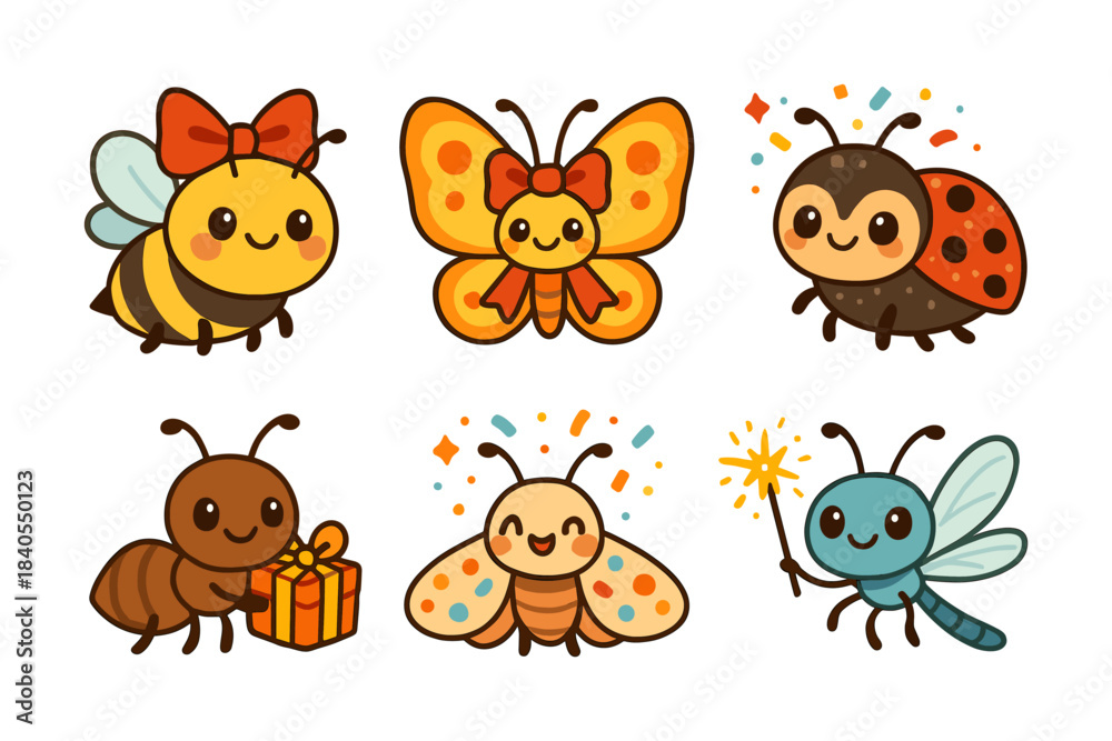 Naklejka premium Cute cartoon insects with smiling faces and accessories
