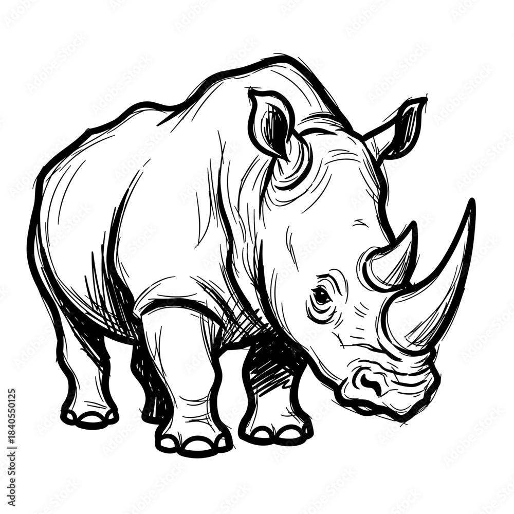 Fototapeta premium Sketch of a rhinoceros standing with a strong posture 