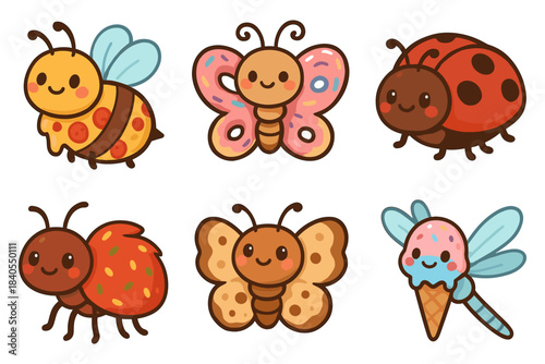 Cute cartoon insects and ice cream bug collection with smiling faces