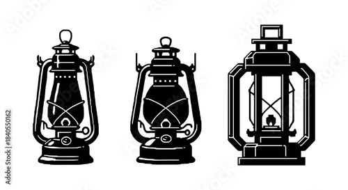 Vintage lantern silhouettes: classic oil lamps in black and white illustration