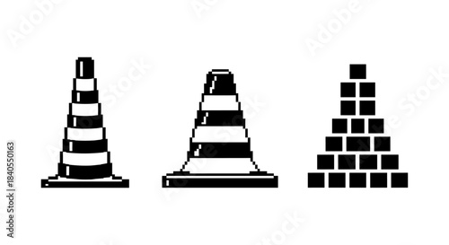 Abstract pixel art traffic cones in monochrome minimalist design