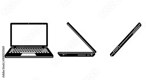 Minimalist black laptop silhouette showing different angles on white background