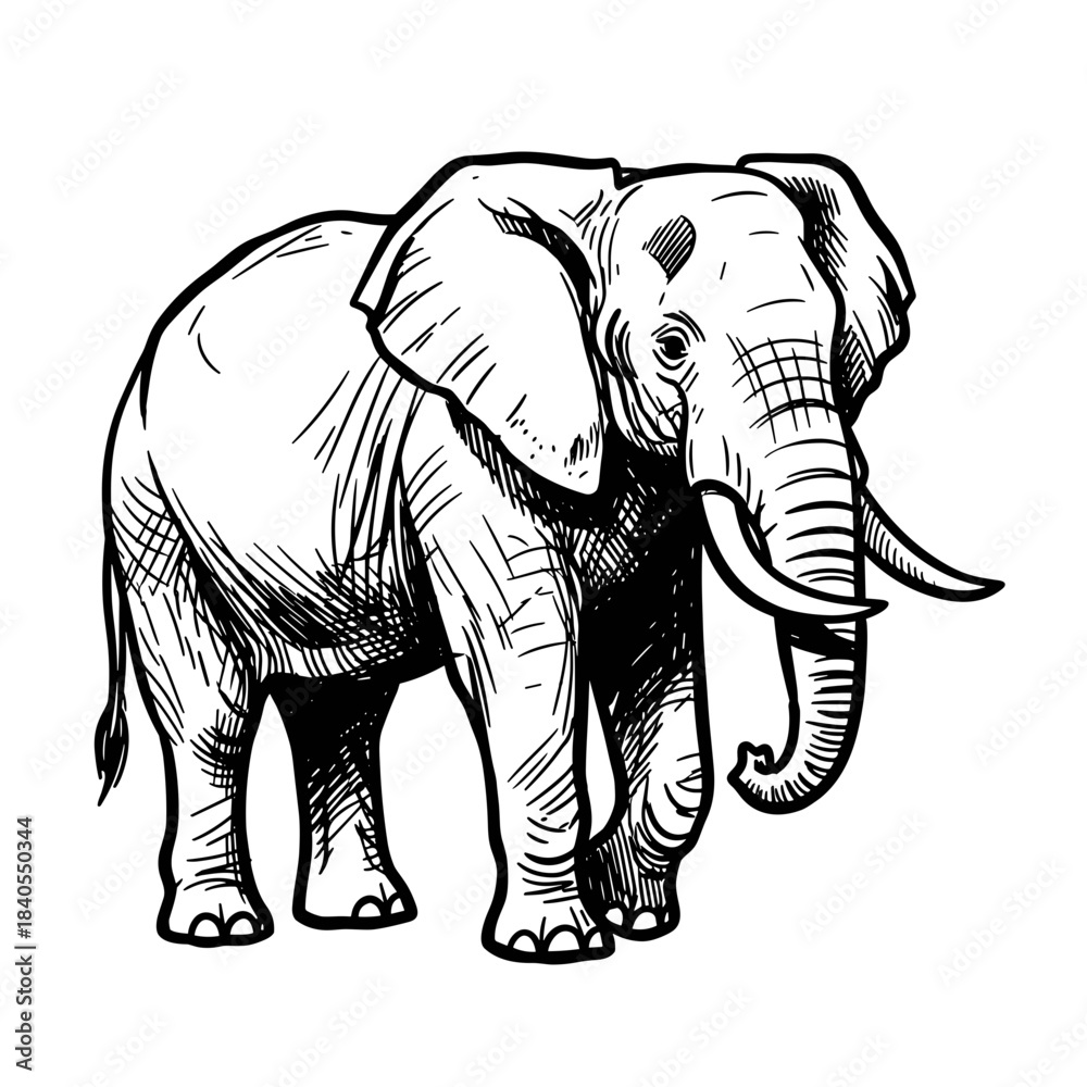 Obraz premium Sketch of an elephant standing with trunk down on white background 