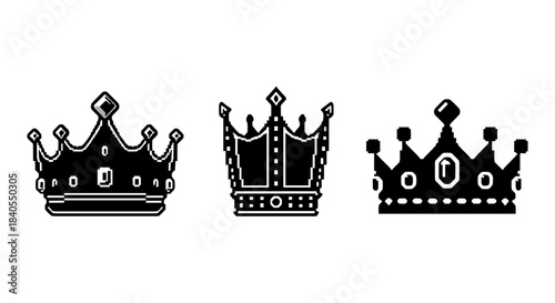 Set of three monochrome crown icons in minimalist style