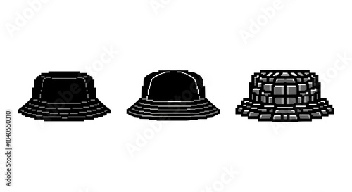 Pixel art trio of bucket hats in retro style