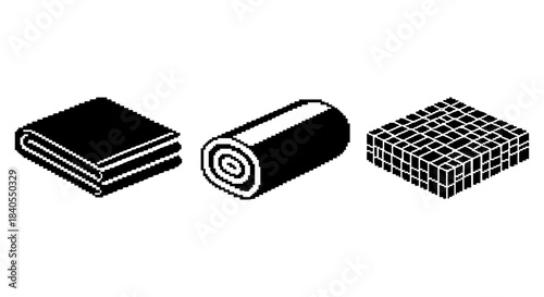 Pixel art icons of stackable towels, roll, and tile grid in monochrome
