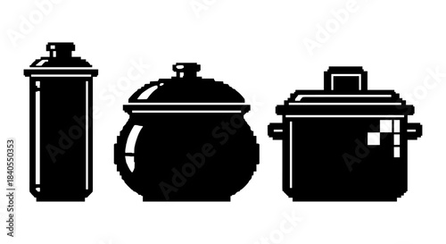 Silhouette cookware set: modern pixel art style kitchen design