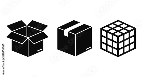 Minimalist black and white box icons for packaging design
