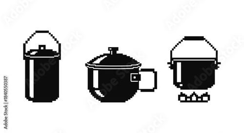 Retro pixel art cooking pots and coffee maker icons in black and white