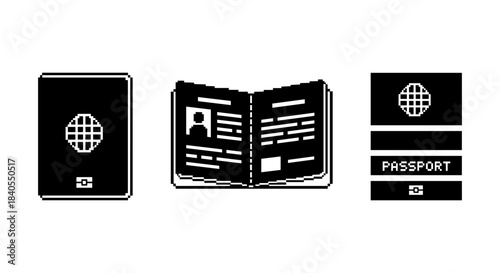 Pixel art passport icons set: minimalist travel essentials in black and white