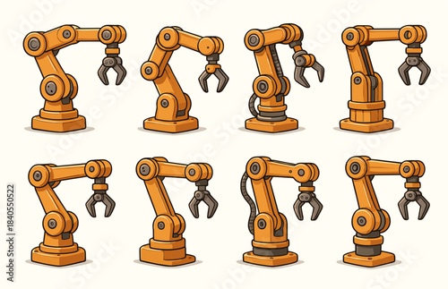 Robotic arms mechanical collection with detailed components and articulated movement. Highlights cables, bolts, rounded joints