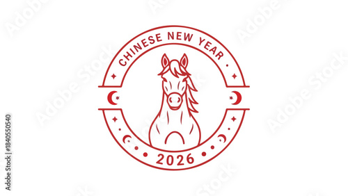 Stylized Vector Graphic Emblem for Lunar New Year 2026 Featuring a Majestic Horse, Cultural Symbols, and Celebratory Inscription
