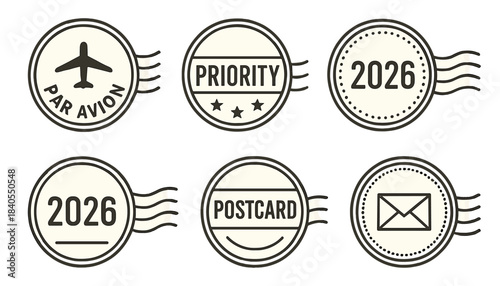 Mail stamps minimal collection with clean circular layouts and postal markings. Highlights airplane icons, dates, priority labels, postcard text