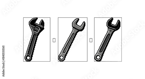 Pixel art wrenches in monochrome: three styles of adjustable tools