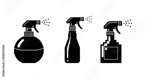 Pixel art spray bottle icons: retro black and white design for cleaning themes