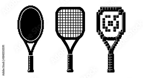 Retro pixel art tennis racket evolution in black and white