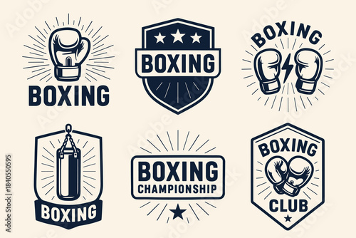 Boxing badges athletic collection with bold glove and punching bag illustrations. Highlights shields, stars, banners, championship labels