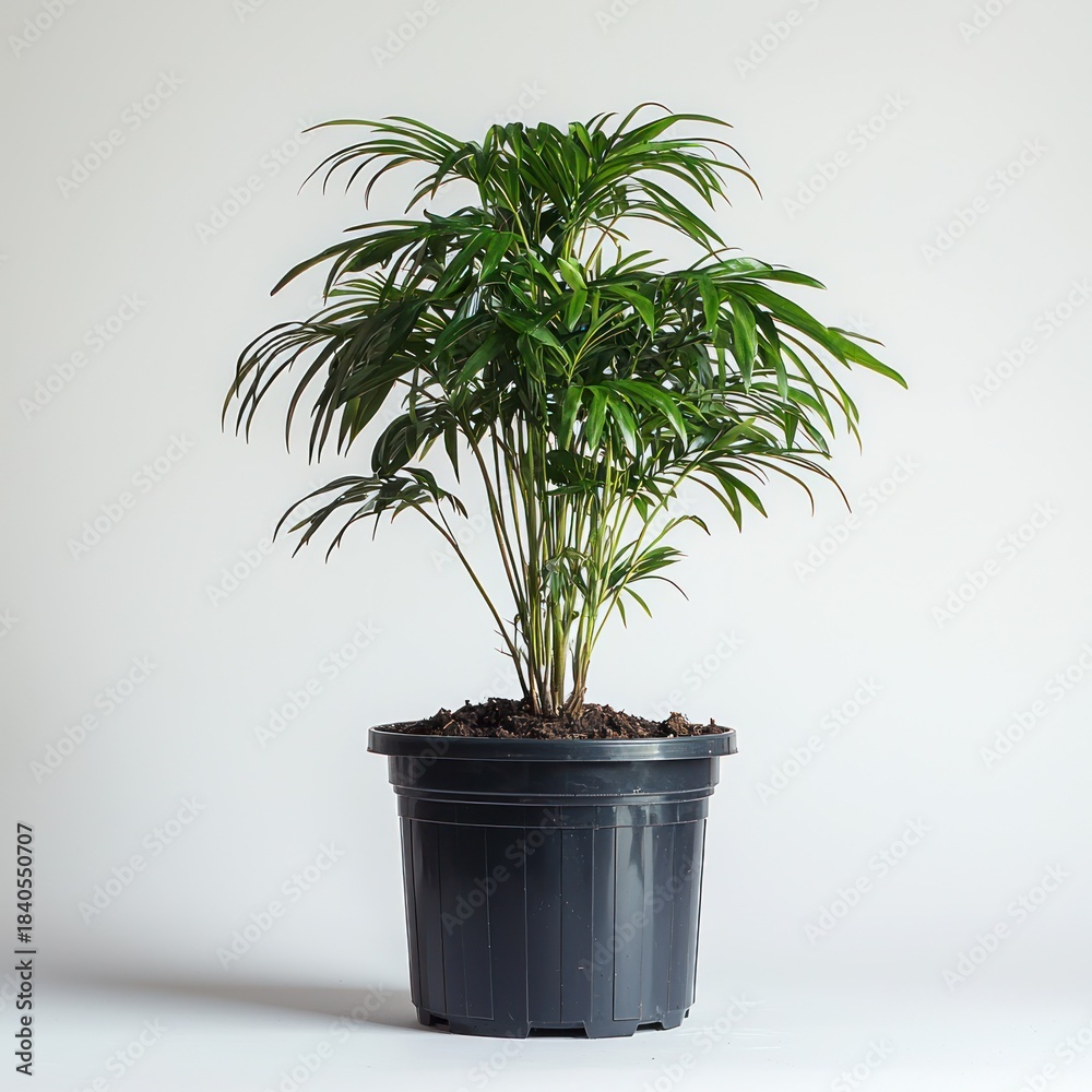 Fototapeta premium Small parlor palm in a black plastic pot against a bright white background