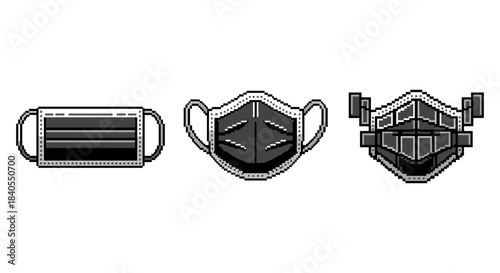 Pixel art medical masks collection featuring various designs