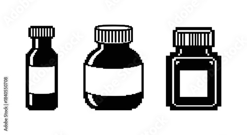 Pixel art bottles collection with blank labels for packaging design