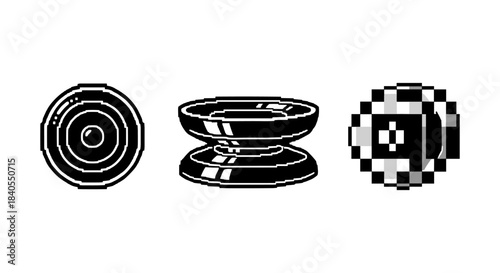 Retro pixel art of spinning toy collection in monochrome style
