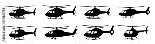 Helicopters silhouette collection with clean side-view profiles and rotor details. Highlights landing skids, windows, engine housings