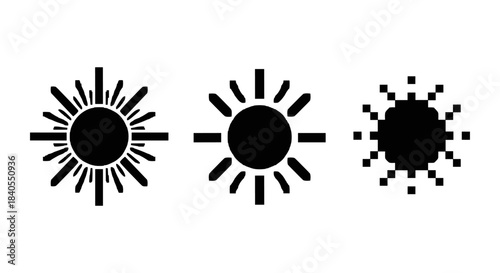Abstract sun icons collection in minimalist silhouette style with pixel variation