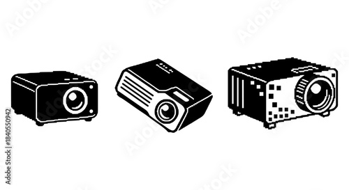 Retro pixel art projectors displaying three unique digital designs