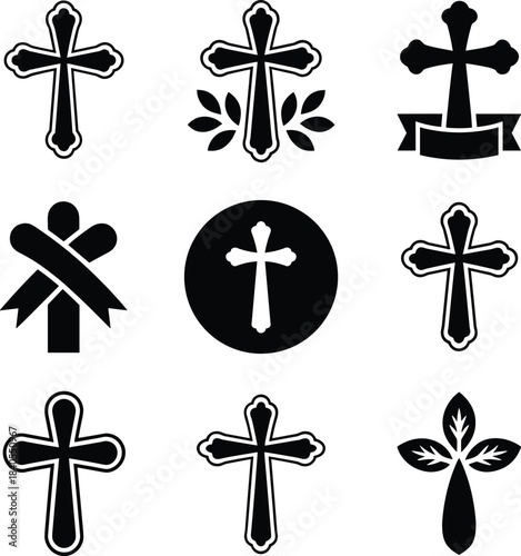 Collection of diverse christian cross symbols for religious and memorial design