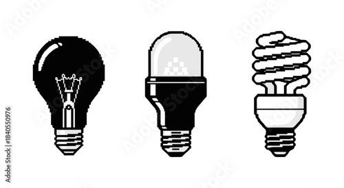 Vintage pixel art of light bulb evolution: incandescent to led