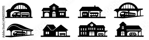 Train stations silhouettes architectural collection in bold black forms. Includes modern terminals, classic depots