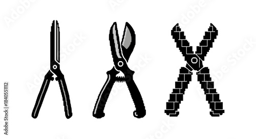 Garden tool designs: shears, pruners, loppers in stylized patterns