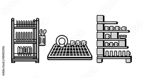 Monochrome kitchenware on shelves with dish rack